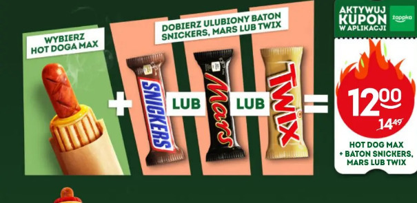 Hot dog Max + baton Snickers, Mars lub Twix