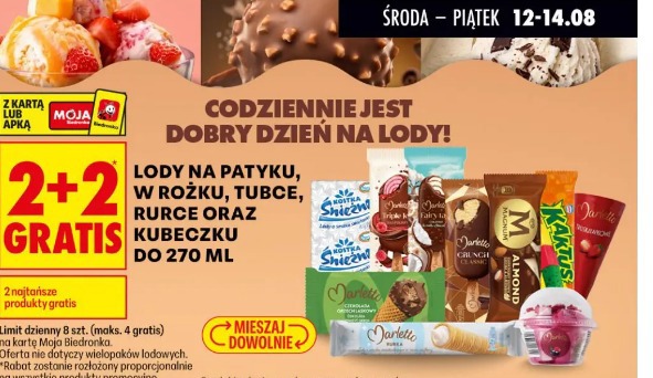 Lody na patyku, w rożku, tubce, rurce oraz kubeczku do 270 ml