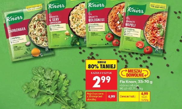 Knorr Fix carbonara, spaghetti 4 sery z brokułami, spaghetti bolognese, spaghetti napoli