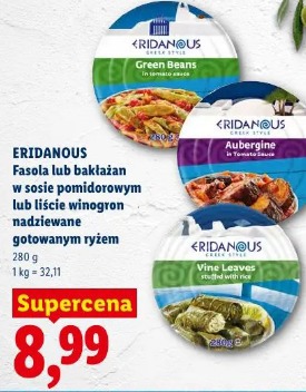 Eridanous Fasola lub bakłażan w sosie pomidorowym lub liście winogron nadziewane gotowanym ryżem