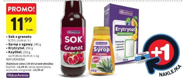 Sok granat, Syrop z agawy jasny, Erytrytol, Ksylitol NaturAvena