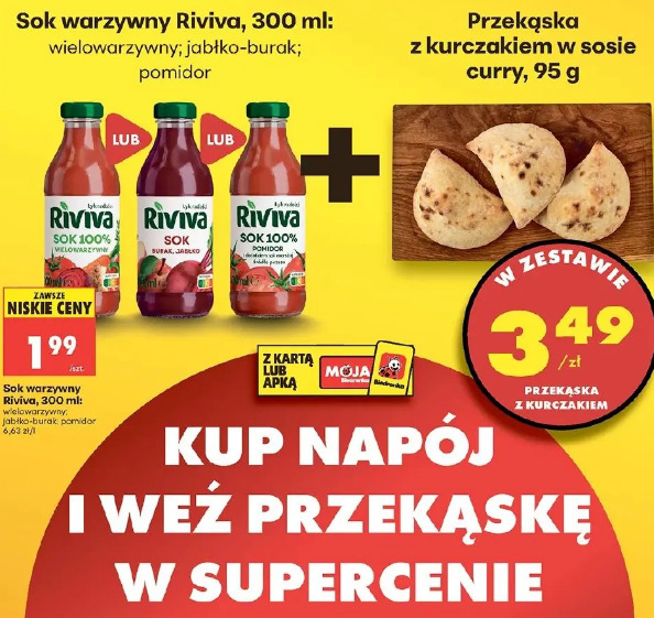 Sok warzywny Riviva + Przekąska z kurczakiem w sosie curry