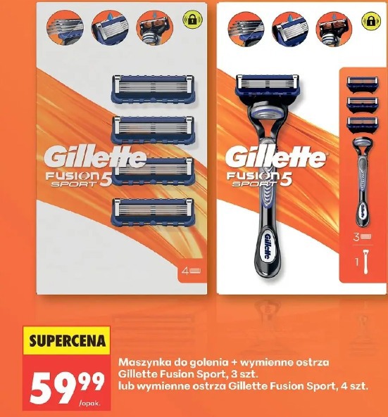 Maszynka do golenia + wymienne ostrza Gillette Fusion Sport, 3 szt. lub wymienne ostrza Gillette Fusion Sport, 4 szt.
