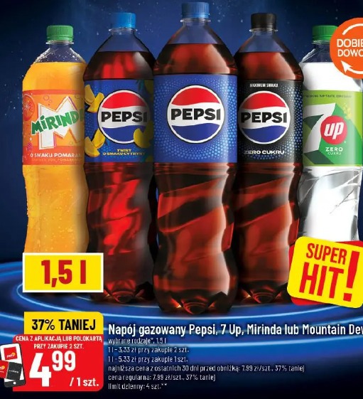 Napój gazowany Pepsi, 7 Up, Mirinda lub Mountain Dew
