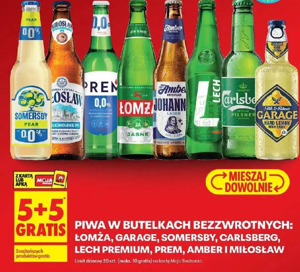 Piwa w butelkach bezzwrotnych Łomża, Garage, Somersby, Carlsberg, Lech Premium, Prem, Amber i Miłosław