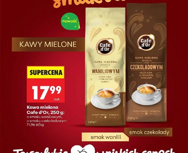 Kawa mielona Cafe d’Or o smaku waniliowym, o smaku czekoladowym