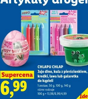 Chlapu Chlap Jajo dino, kula z pierścionkiem, kredki, lawa lub galaretka do kąpieli