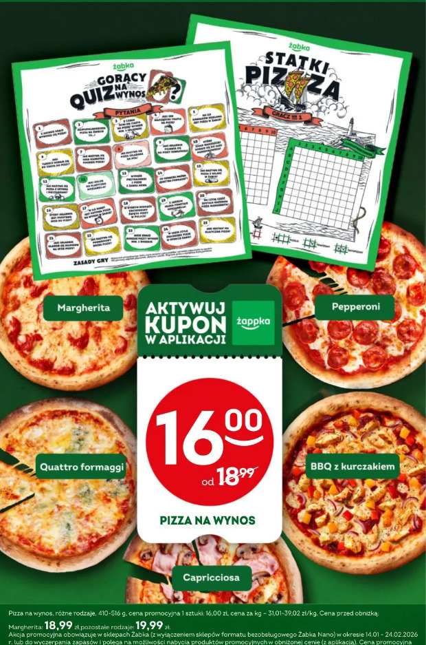 Pizza na wynos Żabka Margherita, Pepperoni, Quattro formaggi, Capricciosa, BBQ z kurczakiem