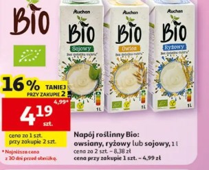 Napój roślinny Bio: owsiany, ryżowy lub sojowy Auchan