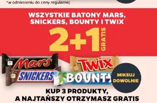Wszystkie batony Mars, Snickers, Bounty i Twix 2+1 gratis