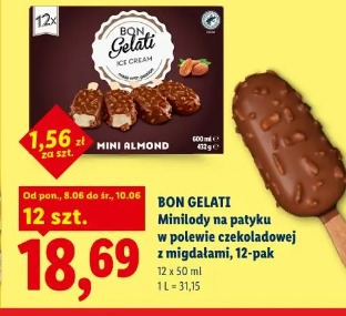 Bon Gelati Minilody na patyku w polewie czekoladowej z migdałami, 12-pak
