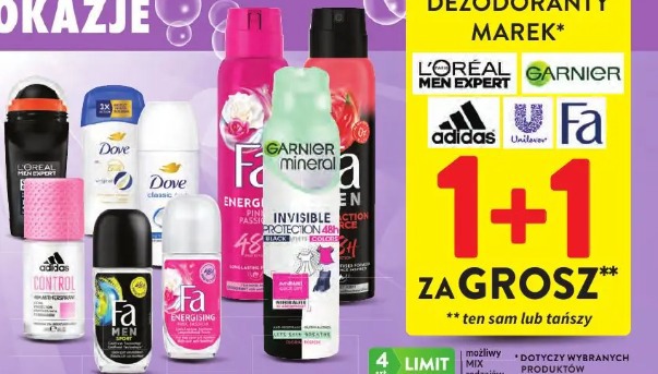 Dezodoranty marek L'Oreal, Garnier, Adidas, Unilever, Fa