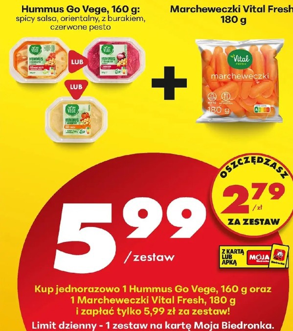 Hummus Go Vege spicy salsa/orientalny/z burakiem/czerwone pesto + Marcheweczki Vital Fresh