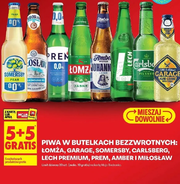 Piwa w butelkach bezzwrotnych: Łomża, Garage, Somersby, Carlsberg, Lech Premium, Prem, Amber i Miłosław