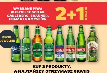 Wybrane piwa w butelce 500 ml Carlsberg, Brauner, Łomża i Namysłów 2+1 gratis