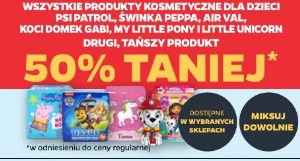 Wszystkie produkty kosmetyczne dla dzieci Psi Patrol, Świnka Peppa, Air Val, Koci Domek Gabi, My Little Pony i Little Unicorn drugi, tańszy produkt 50% taniej