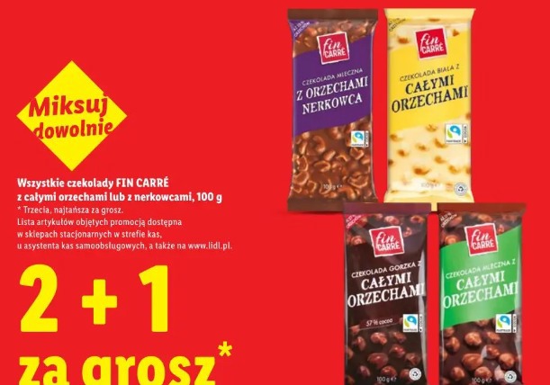 Wszystkie czekolady Fin Carré z całymi orzechami lub z nerkowcami, 100 g
