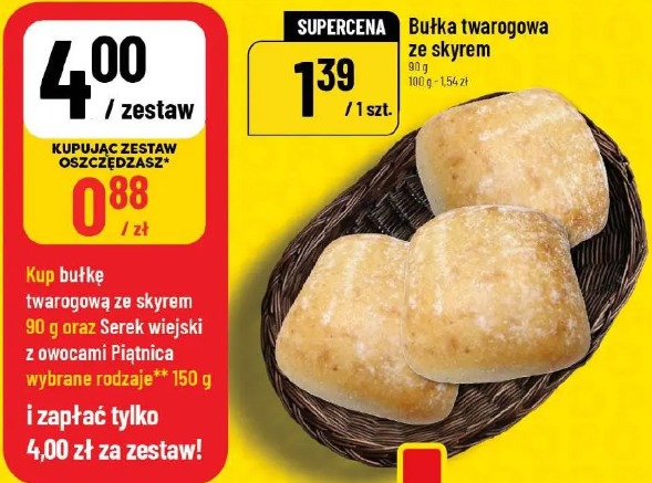 Bułka twarogowa ze skyrem + Serek wiejski z owocami Piątnica zestaw