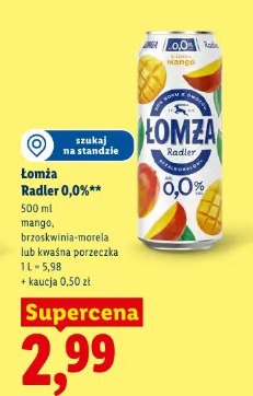 Łomża Radler 0,0% mango, brzoskwinia-morela lub kwaśna porzeczka