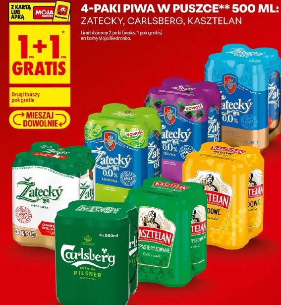 4-paki piwa w puszce Zatecky, Carlsberg, Kasztelan