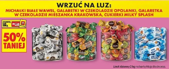 Michałki białe Wawel, galaretki w czekoladzie Opolanki, galaretka w czekoladzie Mieszanka Krakowska, cukierki Milky Splash