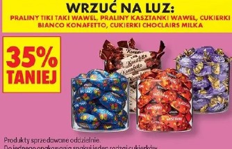 Praliny Tiki Taki Wawel, praliny Kasztanki Wawel, cukierki Bianco Konafetto, cukierki Choclairs Milka