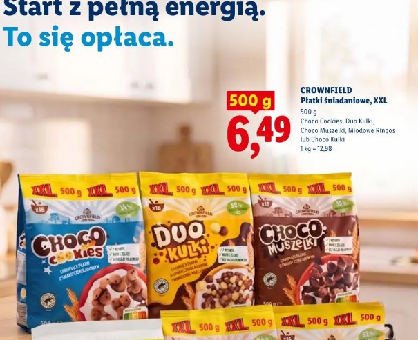 Crownfield Płatki śniadaniowe, XXL Choco Cookies, Duo Kulki, Choco Muszelki, Miodowe Ringos lub Choco Kulki