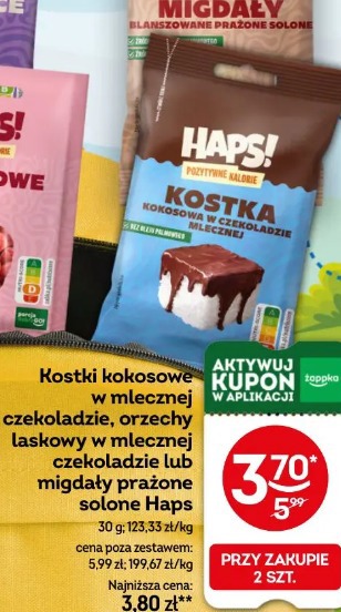 Kostki kokosowe w mlecznej czekoladzie, orzechy laskowy w mlecznej czekoladzie lub migdały prażone solone Haps