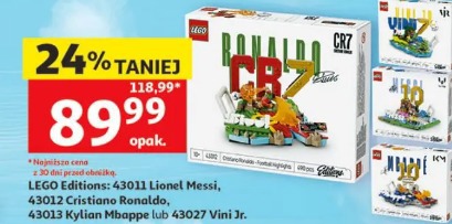 LEGO Editions: 43011 Lionel Messi, 43012 Cristiano Ronaldo, 43013 Kylian Mbappe lub 43027 Vini Jr.