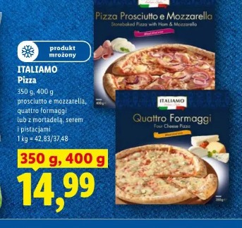 Italiamo Pizza prosciutto e mozzarella, quattro formaggi lub z mortadelą, serem i pistacjami