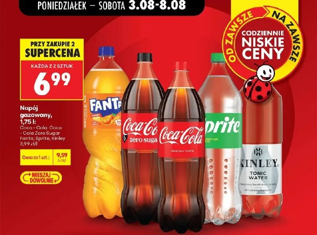 Napój gazowany Coca-Cola, Coca-Cola Zero Sugar, Fanta, Sprite, Kinley