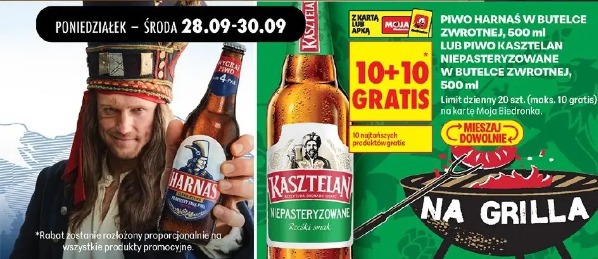 Piwo Harnaś w butelce zwrotnej lub piwo Kasztelan niepasteryzowane w butelce zwrotnej