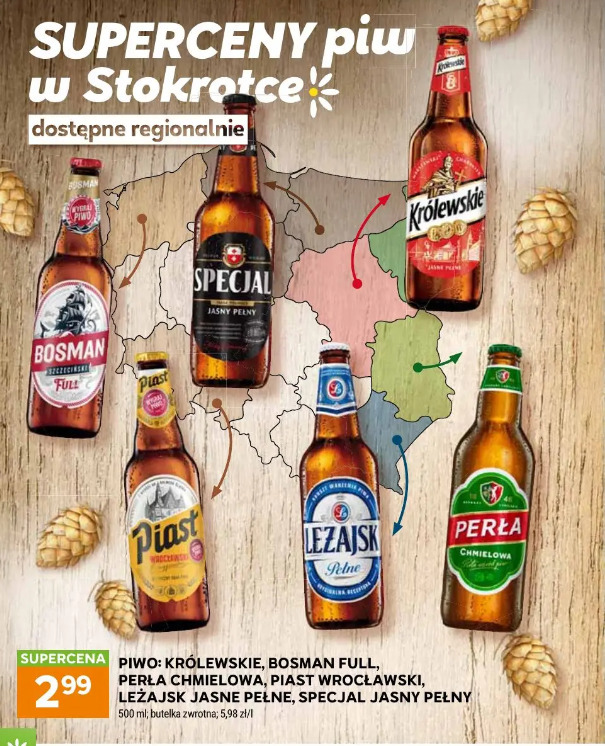Piwo: Królewskie, Bosman Full, Perła Chmielowa, Piast Wrocławski, Leżajsk Jasne Pełne, Specjal Jasny Pełny