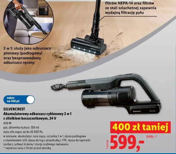 Silvercrest Akumulatorowy odkurzacz cyklonowy 2 w 1 z silnikiem bezszczotkowym, 24 V