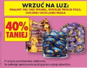 Praliny Tiki Taki Wawel, wafelki Prince Polo, cukierki Choclairs Milka