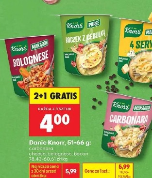 Knorr Danie carbonara, cheese, boczek z cebulką, bolognese