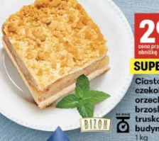 Ciasto: szarlotka, chałwowe, czekoladowe ze śliwką, orzechowiec, karmelotka, brzoskwiniowe z galaretką, truskawkowe z galaretką, budyniowiec Bizon