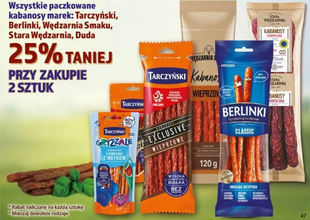 Wszystkie paczkowane kabanosy marek: Tarczyński, Berlinki, Wędzarnia Smaku, Stara Wędzarnia, Duda