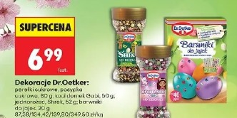 Dekoracje Dr.Oetker: perełki cukrowe, posypka cukrowa, kod domnek Gabi, Shrek, barwniki do jajek