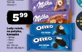 Lody rożek, na patyku, kanapka Milka Oreo Lion