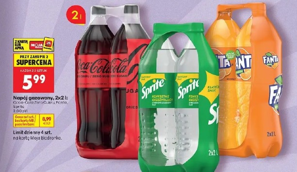 Napój gazowany, 2x2 l: Coca-Cola Zero Cukru, Fanta, Sprite