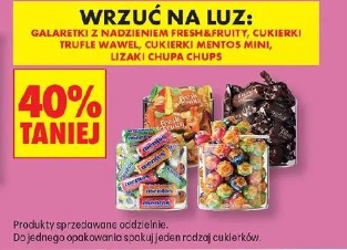 Galaretki z nadzieniem Fresh&Fruity, cukierki trufle Wawel, cukierki Mentos Mini, lizaki Chupa Chups