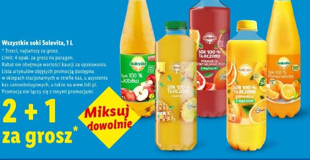 Solevita sok 100% jabłko, pomarańcza, ananas, pomarańcza z miąższem, pomarańcza z grejpfrutem