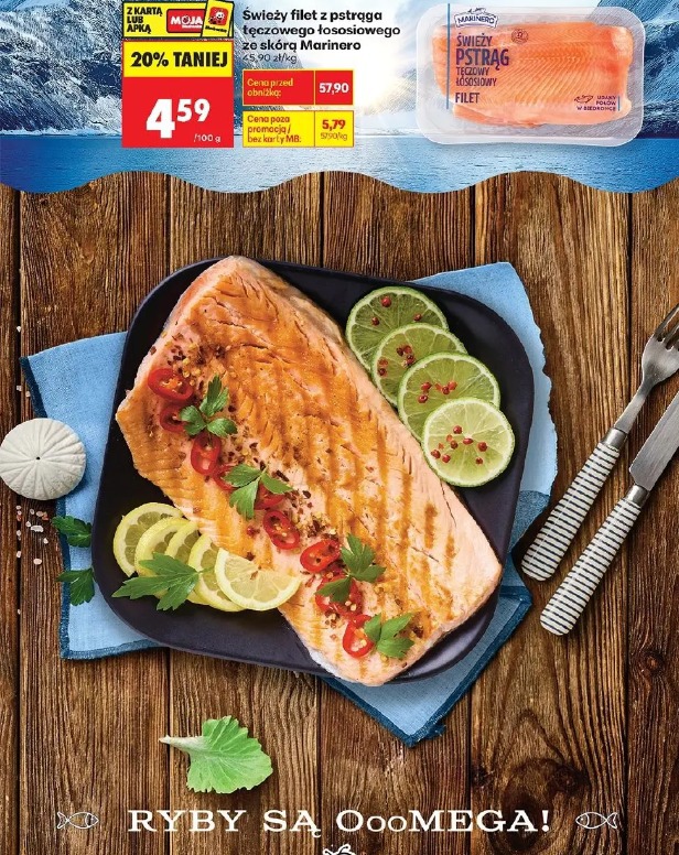 Świeży filet z pstrąga tęczowego łososiowego ze skórą Marinero