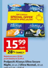 Podpaski Always Ultra Secure Night 12 szt., Ultra Normal 20 szt.