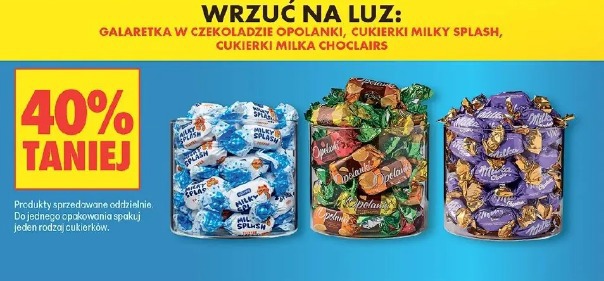 Galaretka w czekoladzie Opolanki, cukierki Milky Splash, cukierki Milka Choclairs