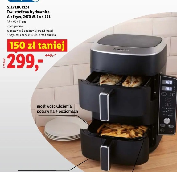 Silvercrest Dwustrefowa frytkownica Air Fryer, 2470 W, 2 × 4,75 L