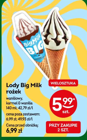 Lody Big Milk rożek waniliowy, karmel & wanilia