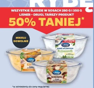 Wszystkie śledzie w sosach 280 g i 350 g Lisner drugi, tańszy produkt 50% taniej