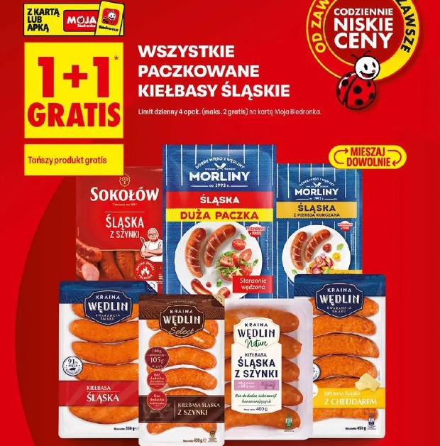 Wszystkie paczkowane kiełbasy śląskie 1+1 gratis
